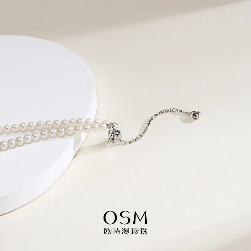 OSM White Pearl Necklace – Nearly Round 3–4mm, Gold Clasp