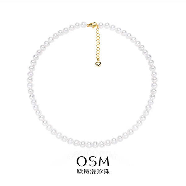 OSM White Pearl Necklace – 6–7mm Near-Round, Gold Clasp