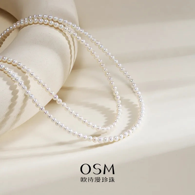 OSM White Pearl Necklace – Nearly Round 3–4mm, Gold Clasp