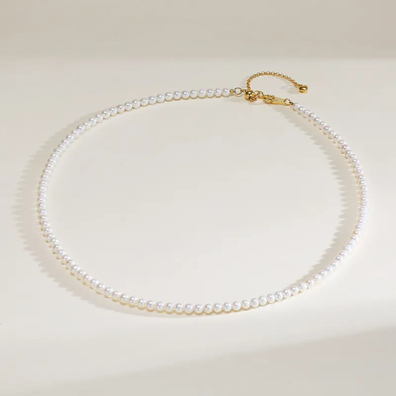 OSM White Pearl Necklace – Nearly Round 3–4mm, Gold Clasp